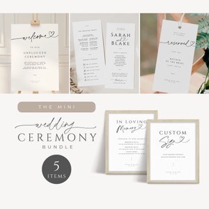 Ensemble mariage cérémonie débranché, programme avec coeurs, panneau de bienvenue minimal, élégante étiquette de place réservée, TÉLÉCHARGEMENT IMMÉDIAT, blanc, MER04