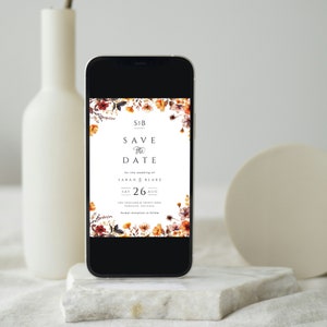 Faire-part électronique automne fleurs sauvages, réservez la date numérique automne, faire-part de mariage floral orange brûlé, téléchargement immédiat, MER11
