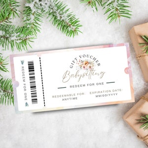 May include: A pink and yellow gift voucher with a floral design for babysitting services. The voucher says "Gift Voucher Babysitting" and "Redeem for One".