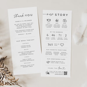 Carte d'anecdotes sur le mariage, menu et couvert de remerciement, chronologie infographique, code QR Partagez l'amour, TÉLÉCHARGEMENT IMMÉDIAT, blanc, MER08