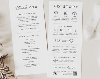 Wedding Fun Facts Card, Menu and Thank You Place Setting, Infographic Timeline Story, Share the Love QR Code, INSTANT DOWNLOAD, White, WED08