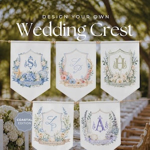 May include: Five white fabric banners featuring custom wedding crest designs with floral and coastal motifs. Each banner displays a unique monogram letter or initials, decorative ribbons, and watercolour illustrations of flowers, seashells, and starfish.