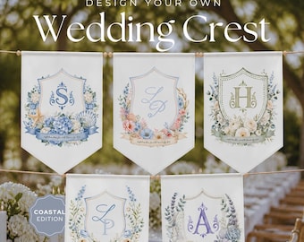 Coastal Wedding Crest, Watercolor Hydrangea Crest, Crest Creator Kit, Monogram Template, Tropical Beach, Dusty Blue, Pastel Floral, WED45