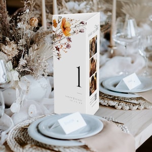 Número de mesa de boda triple, menú de soporte triangular minimalista, tarjeta fotográfica floral naranja quemada, signo de código QR de otoño, DESCARGA INSTANTÁNEA, MIÉ11