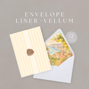 May include: An open white envelope with a watercolor painting of a coastal town with lemons. The envelope is next to a card with yellow stripes and a wax seal. Text reads "ENVELOPE LINER + VELLUM" and "12 SIZES".