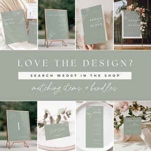 May include: A set of wedding stationery in a green and white colour scheme. The stationery includes an invitation, a menu, a table number card, a place card, and a thank you card. The design features a simple floral motif with a handwritten font.