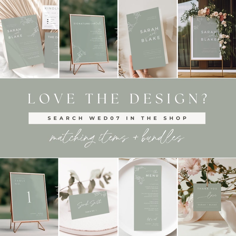 May include: A set of wedding stationery in a green and white colour scheme. The stationery includes an invitation, a menu, a table number card, a place card, and a thank you card. The design features a simple floral motif with a handwritten font.