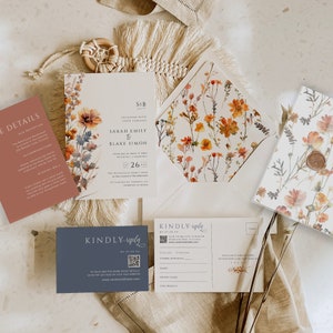 Faire-part de mariage automne avec code QR, suite d'invitation orange brûlé, vélin de doublure d'enveloppe floral fleurs sauvages imprimable, TÉLÉCHARGEMENT IMMÉDIAT, MER10