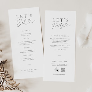 Tarjetas de agradecimiento de boda Código QR, Tarjeta de notas de configuración de lugar de menú, Mínimo compartir el letrero de la mesa de amor, Comamos, DESCARGA INSTANTÁNEA, Blanco, WED04