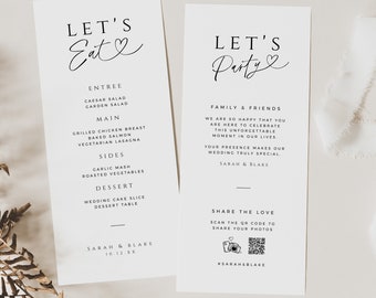 Hochzeit Dankeskarten QR-Code, Menü Gedeck Notizkarte, Minimal Save the Love Tischschild, Let's Eat, SOFORTIGER DOWNLOAD, Weiß, WED04