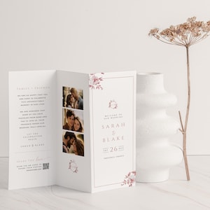 May include: A wedding program with a floral design in shades of pink and white. The program includes photos of the couple and the text "Welcome to our wedding, Sarah & Blake, Sat 26 Aug, Provence, France".