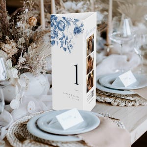 Número de mesa de boda en tríptico, menú en forma de triángulo azul polvoriento, código QR imprimible con foto, plantilla floral Toile, DESCARGA INSTANTÁNEA, MIÉRCOLES 14