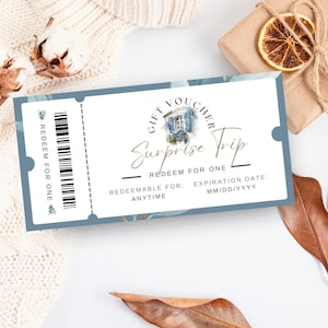 Vale de regalo para escapada de fin de semana, Cupón de estancia en hotel, Certificado de viaje sorpresa a cabaña editable, Boleto de vacaciones, DESCARGA INSTANTÁNEA, Azul, REGALO01