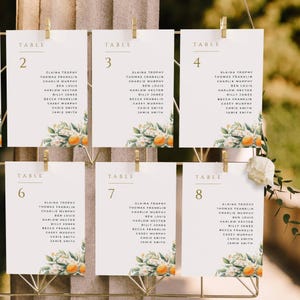 May include: Wedding table number cards with gold clips. Each card displays a table number and guest names, with floral and orange accents. The cards are arranged on a gold wire frame, creating an elegant display for a wedding or event.