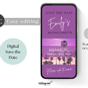 May include: A purple and pink digital save the date for a bachelorette party in Miami, Florida. The text reads "Save the Date Emily's Bachelorette Miami, FL February 10-14, 2024 More info to come!" with a palm tree silhouette background.