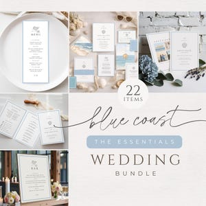 May include: A collection of wedding stationery with a coastal theme. The set includes invitations, menus, and signage in shades of blue and white. The text "Blue Coast" and "Wedding Bundle" are displayed.