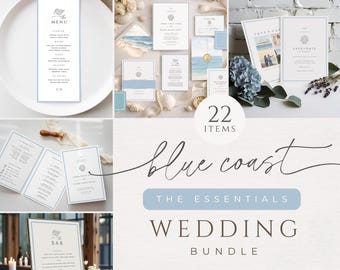 Coastal Wedding Invite Suite Bundle, Summer Beach Save the Date, Shell Wedding Menu, Nautical Template, Dusty Blue, INSTANT DOWNLOAD, WED23