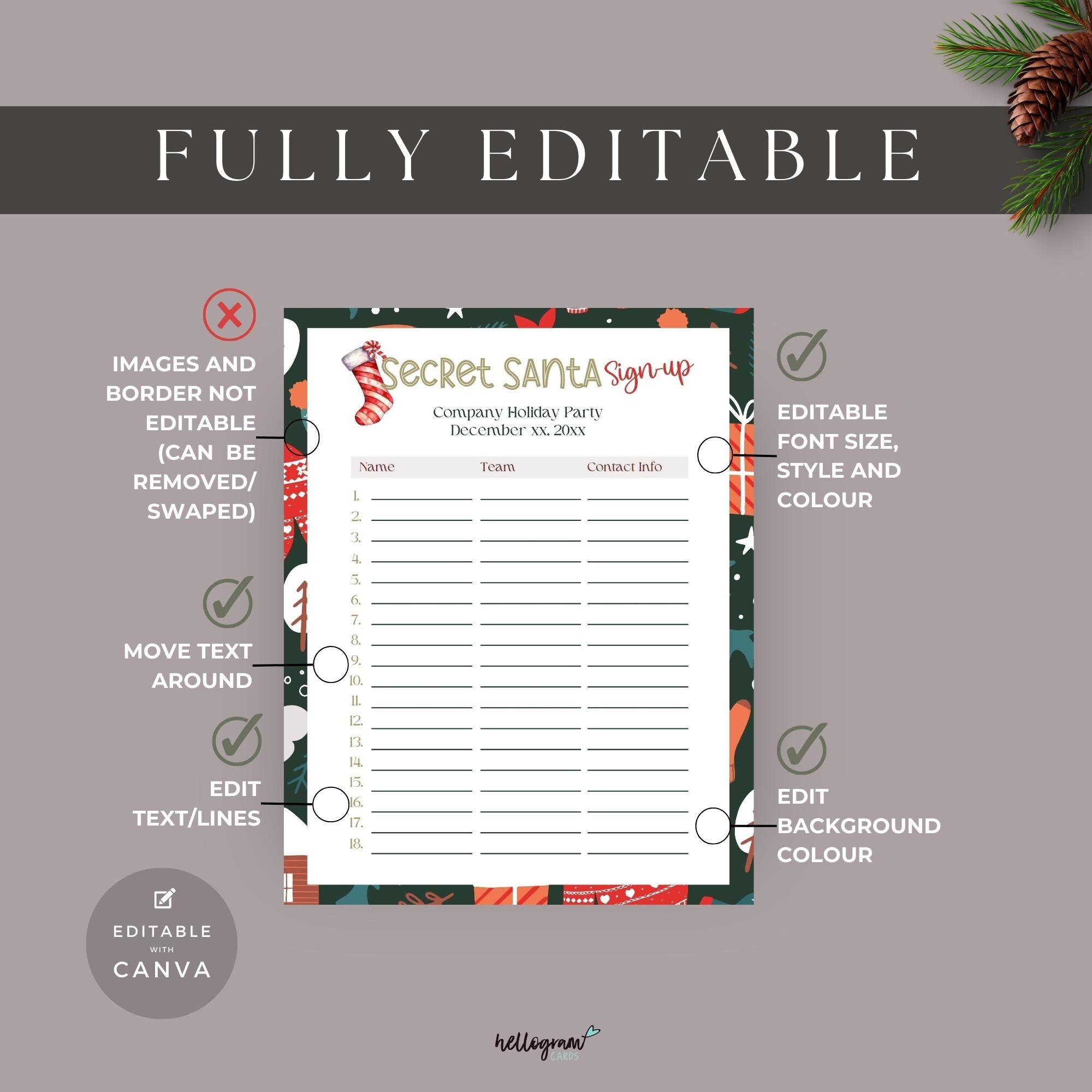 Secret Santa Sign Up, Editable Work Gift Exchange Sheet, Printable ...
