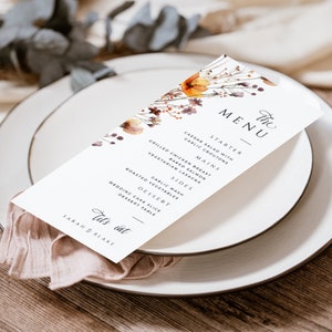 Menú de boda de naranja quemado, lugar de flores silvestres imprimible, cena de boda, plantilla floral de otoño rústica, DESCARGA INSTANTE, MIÉ11