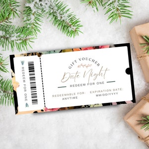 Plantilla de certificado de regalo de cita nocturna, padres de regalo navideño, cupón de cónyuge romántico, vale de boleto personalizado, DESCARGA INSTANTÁNEA, Floral, REGALO01