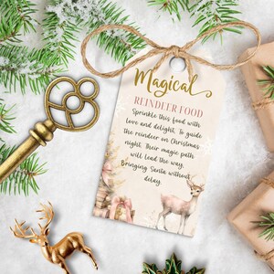 Etiqueta de comida de rena mágica, etiqueta de tratamento de véspera de Natal para impressão, cartão de tradições de férias editável, trenó de Papai Noel, DOWNLOAD INSTANTÂNEO, rosa, CHR04
