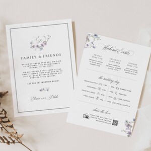 Könnte beinhalten: Hochzeitseinladung mit floralem Design und einem Zeitplan für die Veranstaltungen des Wochenendes. Die Einladung enthält die Namen "Louise und Blake" und den Text "Lasst die Feier beginnen!"