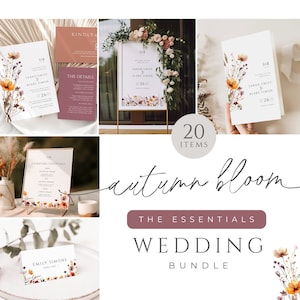 May include: A wedding invitation suite with a fall theme. The design features watercolor illustrations of dried flowers in shades of orange, yellow, and brown. The text includes the names "Sarah Emily" and "Blake Simon" and the date "26".