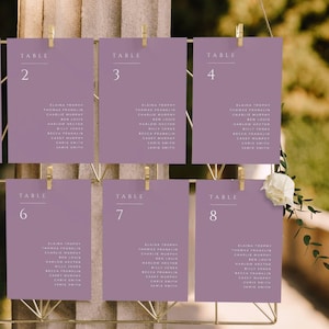 Cartes de tableau des sièges de mariage violet, nom du plan de siège 5 x 7, modèle minimal de table d'hôtes imprimable, pour miroir 4 x 6, TÉLÉCHARGEMENT IMMÉDIAT, MER09