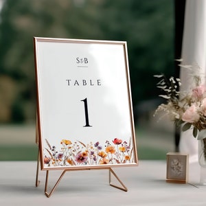 Modèle de numéro de table fleurs sauvages, chiffres orange bordeaux brûlé, carte de mariage automne rustique, panneau de réception imprimable, téléchargement immédiat, MER11