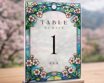 Faux Stained Glass Table Number Template, Painted Acrylic Wedding Sign, Printable Eucalyptus Garden, Floral Art Nouveau, DIY, WED43