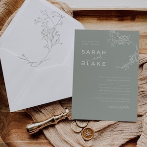 Salbei grün geblümter Umschlag Liner, druckbare Hochzeitseinladung, minimalistische Linie Illustration einladen, SOFORTIGER DOWNLOAD, WED07