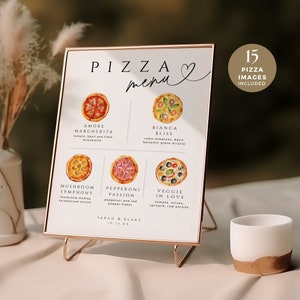 Pizza Bar Schild für Hochzeit, minimalistische Tischmenükarte, bearbeitbare moderne Late Night Food Station-Vorlage, SOFORTIGER DOWNLOAD, Weiß, WED04