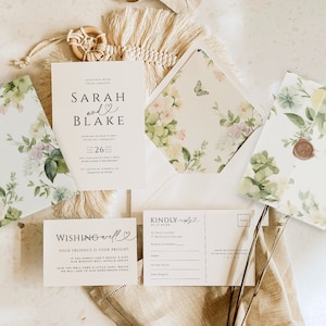 Suíte de convite de casamento Sage Green com código QR, forro de envelope floral para impressão em velino, cartão de resposta mínimo, DOWNLOAD INSTANTÂNEO, WED04