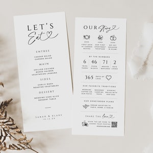 Carte d'anecdotes sur le mariage, couvert, menu Let's Eat, chronologie infographique, code QR Partagez l'amour, TÉLÉCHARGEMENT IMMÉDIAT, blanc, MER04