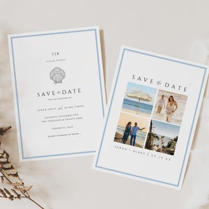 May include: Save the date card with a blue border and a seashell graphic. The card says "Save the Date" for the wedding of Sarah Emily and Blake Simon on Saturday, September 12th, Two Thousand and Twenty XXXX in Sorrento, Italy. Formal invitation to follow.