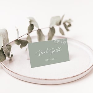 Cartões de lugar verde sálvia, nome de convidado editável de casamento mínimo, modelo de assento para mesa de recepção, 3,5x2 dobrado plano, DOWNLOAD INSTANTÂNEO, WED07