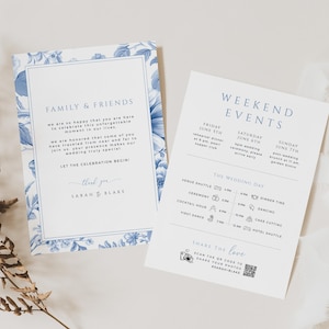 Itinéraire de mariage bleu poussiéreux, note de remerciement dans la pochette, week-end floral en toile française, infographie de la chronologie des roses, téléchargement immédiat, MER14