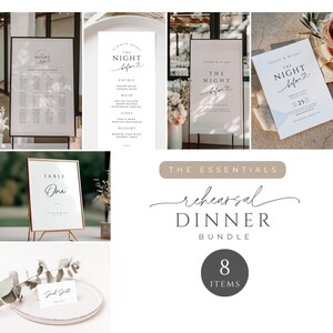 Op de afbeelding: Een set van acht printbare borden voor een repetitiediner in een minimalistische stijl met een lichtbruine achtergrond en zwarte tekst. De borden omvatten een zitplaatskaart, tafelnummers, een dinermenu en een welkomstbord. De tekst op de borden luidt "The Night Before" en bevat een hartje.
