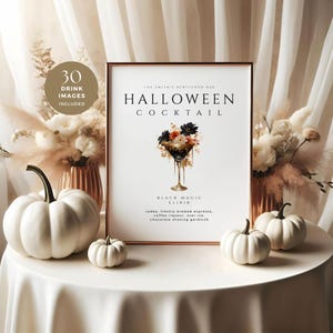 Placa de coquetel de Halloween, modelo minimalista de bebida Witch Brew, menu de bar floral temperamental, preto laranja dourado para impressão, DOWNLOAD INSTANTÂNEO, HOL11