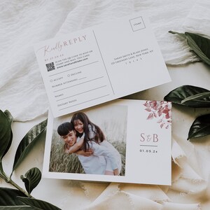 Carte postale QR Code RSVP, carte-réponse d'invitation en toile française, encart de mariage rose poudré, modèle de photographie d'image, téléchargement immédiat, WED13