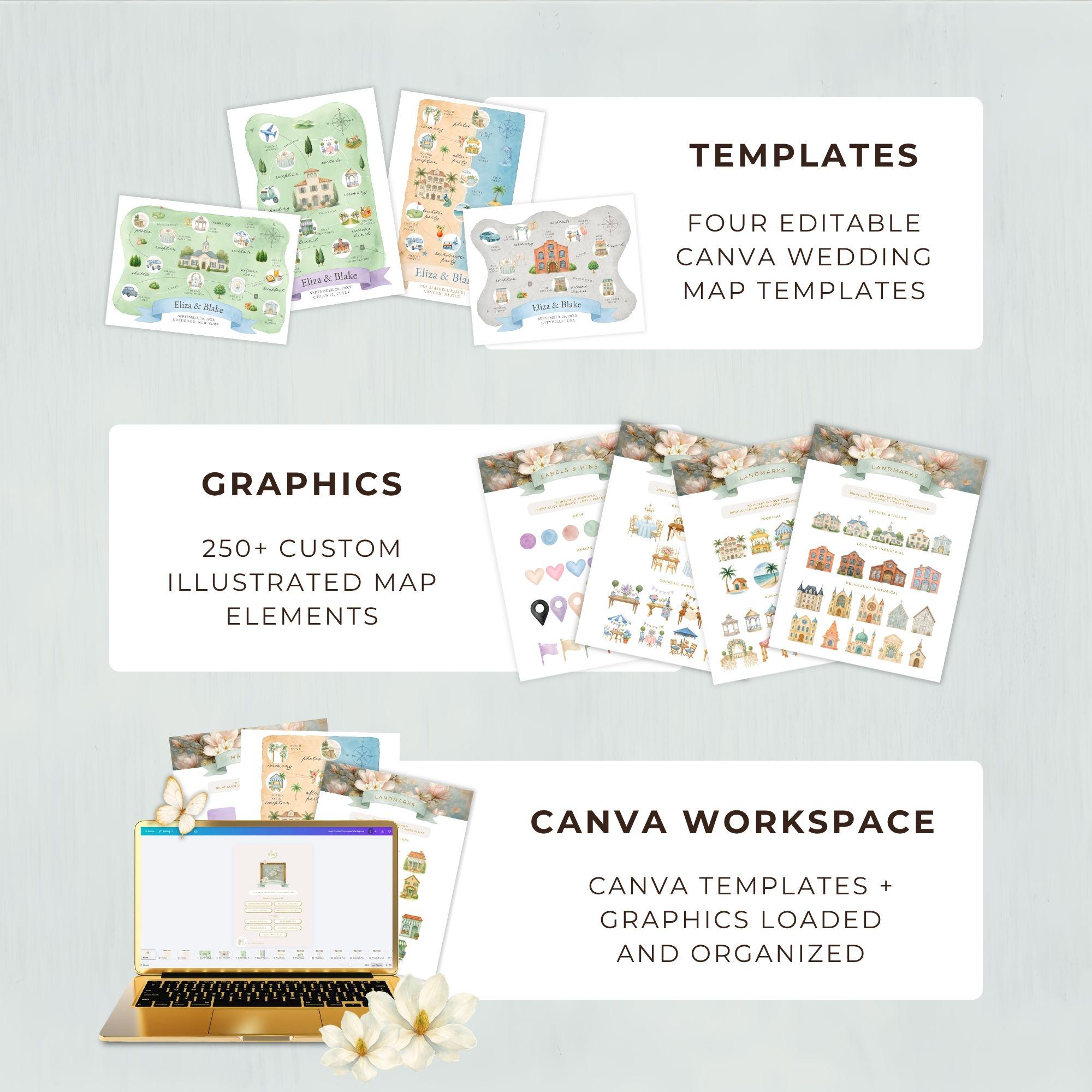 Editable Destination Map Wedding Map Creator Template Kit, Editable Watercolor Wedding Weekend ...
