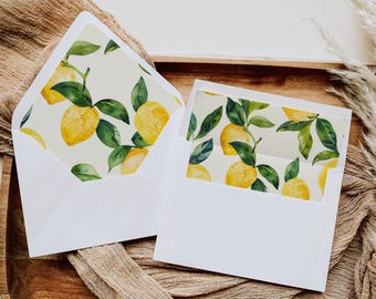 Forro de sobre italiano, imprimible, diseño de limón cítrico para boda, cena de ensayo, acuarela, tamaño A7, solapa cuadrada europea, descarga instantánea, amarillo, miércoles 21