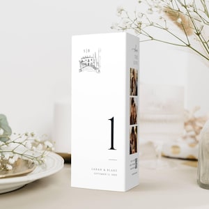 Número de mesa de boda tríptico, menú minimalista triangular, código QR imprimible con foto, plantilla de tarjetas plegadas, descarga instantánea, miércoles 17