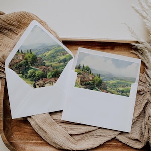Umschlag Liner Italienisch, Italien Hochzeit Landhochzeit, Probeessen Aquarell Berg, A7 Euro Quadrat Klappe, SOFORT DOWNLOAD, Grün, WED17