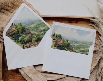 Envelope Liner Italian, Italy Wedding Countryside, Rehearsal Dinner Watercolor Mountain, A7 Euro Square Flap, INSTANT DOWNLOAD, Green, WED17