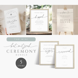 Bat Mitzvah Program Template Bundle, Jewish Synagogue Kippah Box, Modern Welcome Sign, Reserved Seating Tag, INSTANT DOWNLOAD, White, BAT01