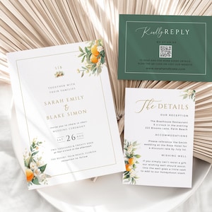 Invitación de boda tropical con código QR, plantilla de invitación a destino de playa, postal de respuesta de color naranja cítrico, inserto dorado verde esmeralda, WED15