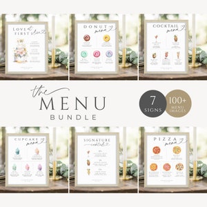 Zestaw menu weselnego z napisem „Jedzenie”, drukowane smaki babeczek, bar z pizzą, koktajl z drinkiem firmowym, minimalistyczne ciasto, pączek, natychmiastowe pobieranie, ŚRODA04