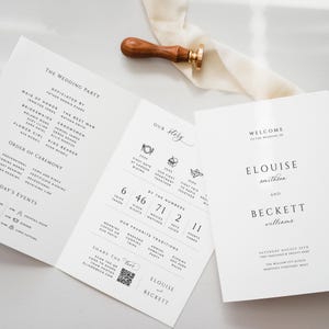 May include: A sophisticated wedding stationery suite, including a tri-fold program, a welcome card, and a wax seal. The program details the wedding party, ceremony order, and day's events. The welcome card displays the couple's names and wedding date.