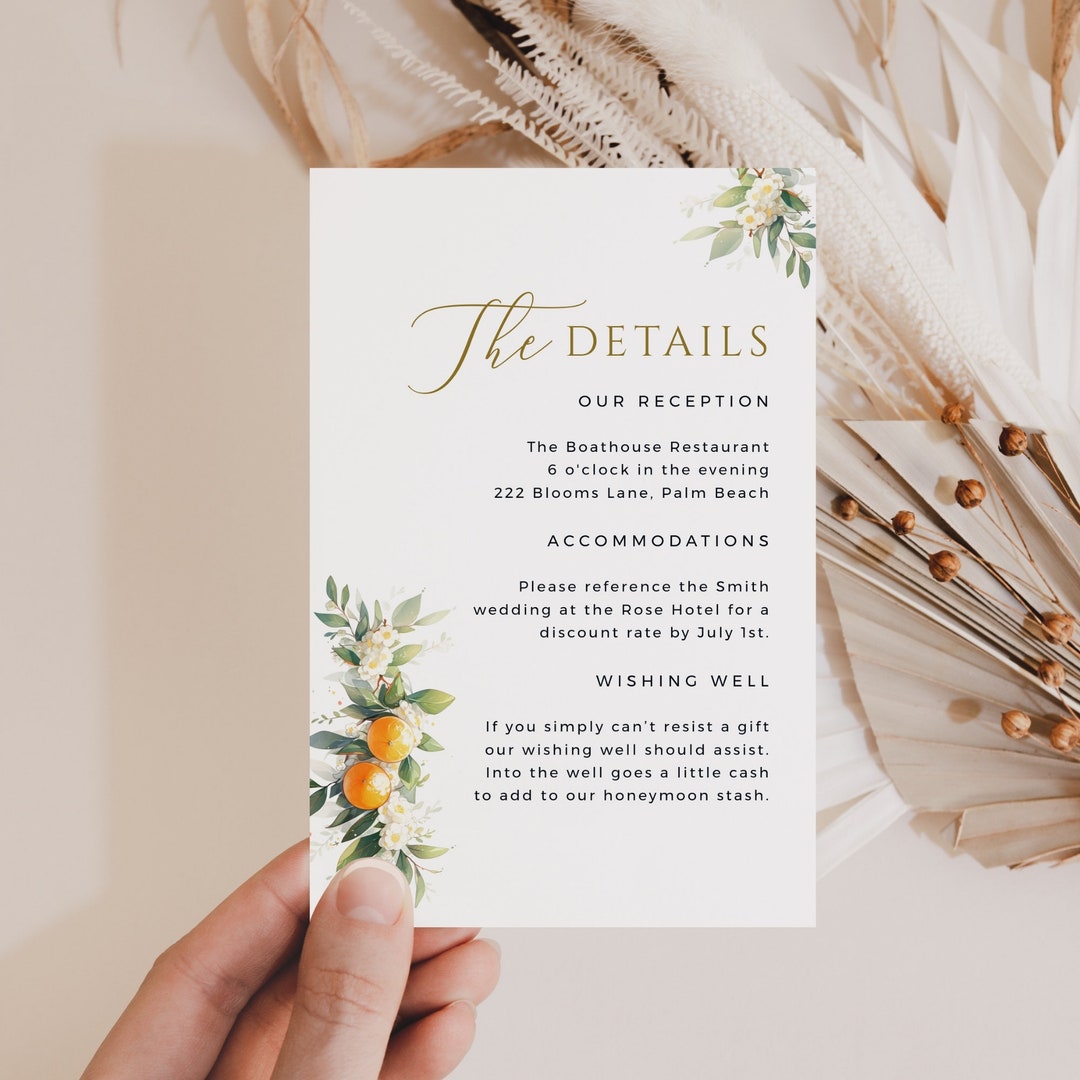 Tropical Citrus Wedding Invite Insert Card, Destination Invitation